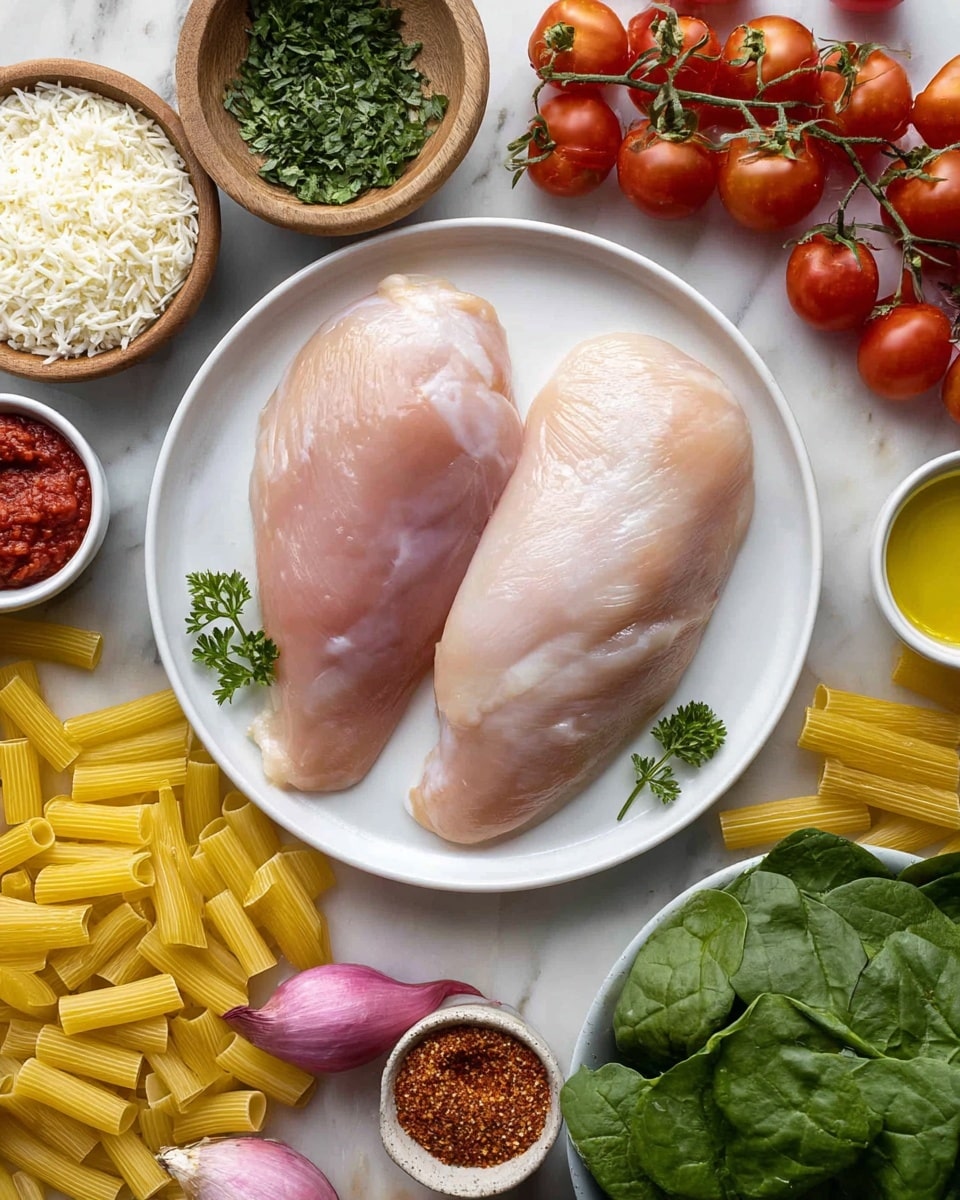 Two raw chicken breasts lie side by side on a white plate placed on a white marbled surface. Surrounding the plate are ingredients: yellow rigatoni pasta scattered around the plate on the surface, a small bowl of grated white cheese to the left, a bowl of red tomato paste below the cheese, fresh green parsley and a pink shallot below the plate. To the right of the plate is fresh green spinach, a small bowl of golden olive oil, and a small bowl with reddish-brown seasoning. Cherry tomatoes, some whole and some halved, are arranged above the plate, along with a small wooden bowl of green herbs near the top left corner. The scene is well-lit, showing the colors and textures clearly. photo taken with an iphone --ar 4:5 --v 7