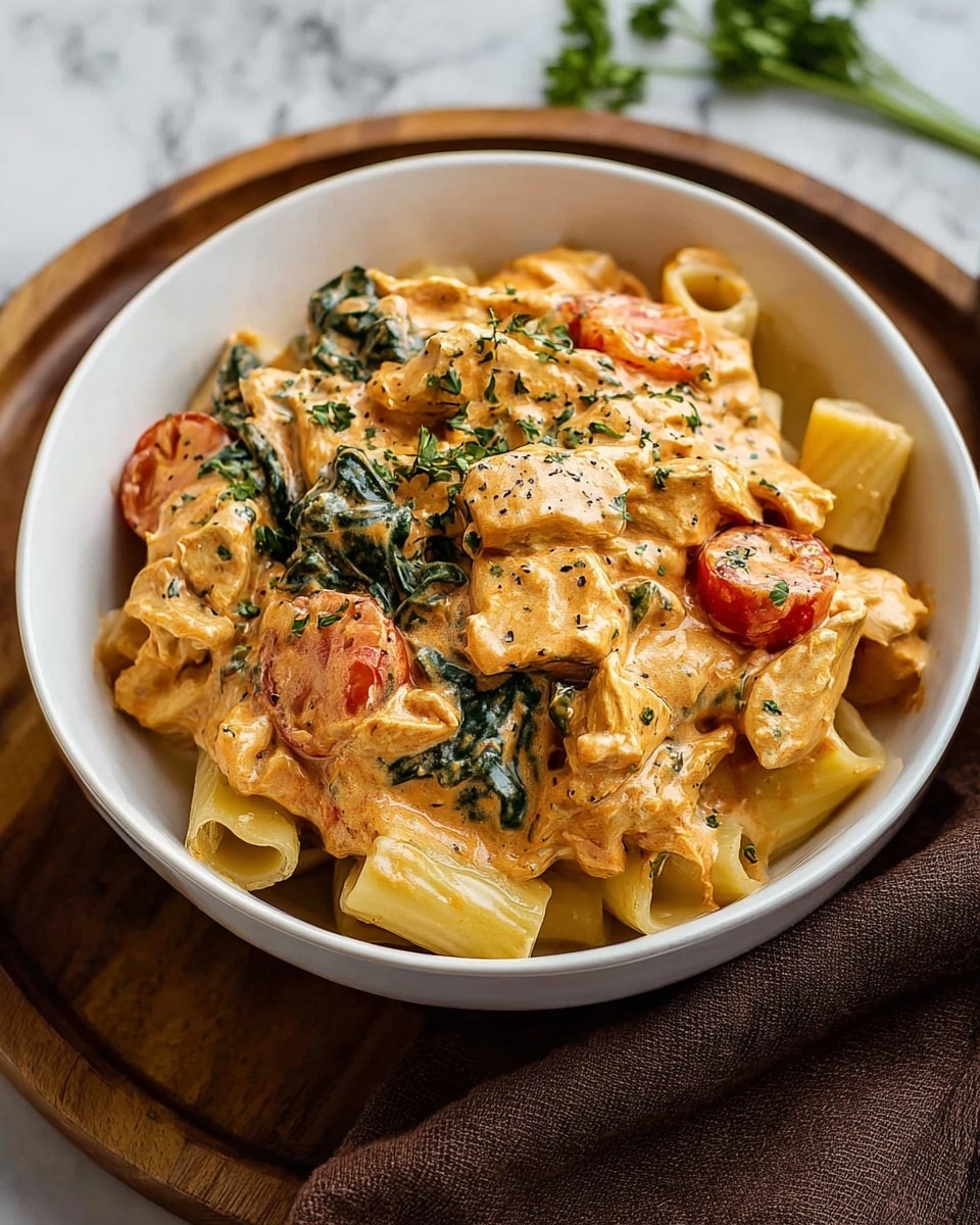 A white bowl filled with creamy pasta is shown in close view. The dish has three main layers: the bottom layer is tube-shaped pasta with a pale yellow color, the middle layer has cherry tomato halves that are bright red, and the top layer consists of pieces of light brown chicken mixed with wilted dark green spinach leaves, all covered in a thick, creamy orange sauce with specks of black pepper and green herbs sprinkled on top. The bowl sits on a round wooden board with a dark brown cloth visible to the side, all set on a white marbled surface. Photo taken with an iphone --ar 4:5 --v 7