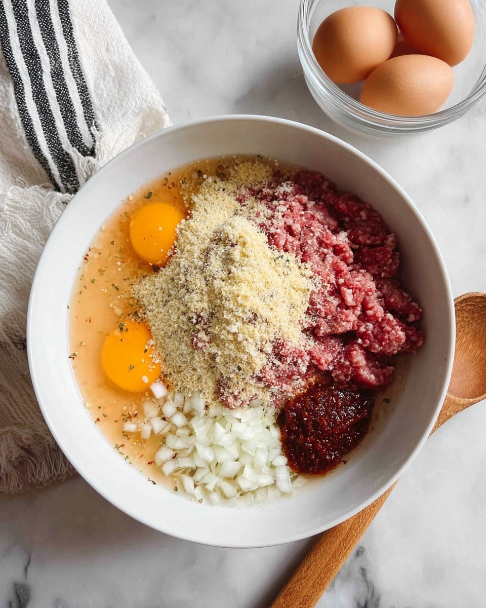 A large white bowl sits on a white marbled surface, filled with several layers of ingredients that are not mixed yet: a pale orange liquid at the bottom, topped with two raw eggs with deep red yolks positioned on the left side, a pile of finely chopped white onions scattered over the eggs and meat, a mound of light beige breadcrumbs towards the top, raw ground meat in a pinkish-red color covering the middle area, and a dark reddish-brown thick paste sitting on the right side. A wooden spoon rests beside the bowl on the surface, and a glass bowl with two brown eggs is seen in the upper right corner, along with a white towel with black stripes on the upper left. Photo taken with an iphone --ar 4:5 --v 7