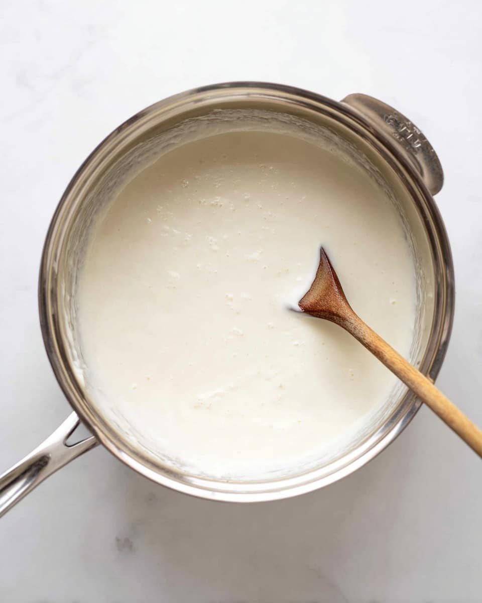 A top view of a stainless steel pot filled with a smooth, creamy white sauce that looks thick and slightly bubbly on the surface. Inside the pot, a wooden spoon with a round head coated in the sauce rests on the right side, while the shiny steel handle of a spatula or spoon is barely visible on the left side, partially submerged in the sauce. The pot is placed on a white marbled surface, and the whole scene is brightly lit giving it a clean and fresh look photo taken with an iphone --ar 4:5 --v 7