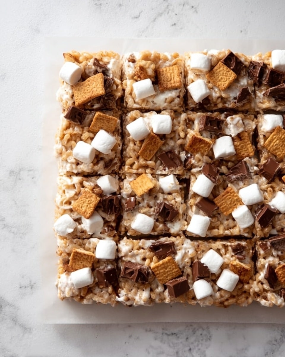 A white parchment paper holds a square-shaped dessert made from puffed rice cereal mixed with melted marshmallow. It is cut into 16 smaller squares, each topped with small white marshmallows, broken pieces of light golden graham crackers, and dark brown chocolate chunks scattered evenly across the top. The dessert rests on a white marbled surface, showing a soft and chewy texture. The colors contrast nicely, with cream, brown, and white tones visible in the layers. Photo taken with an iphone --ar 4:5 --v 7