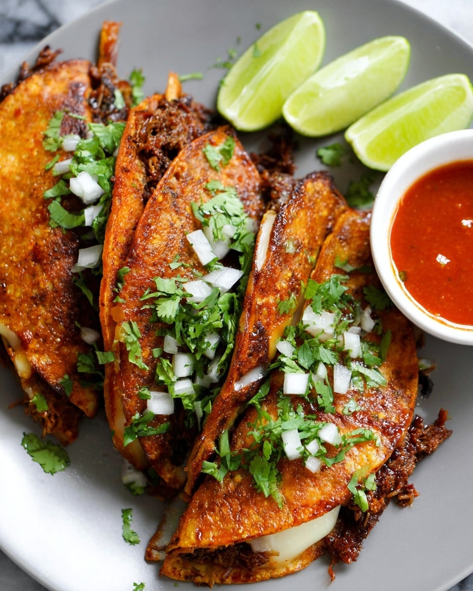 Three folded golden-brown tacos with a slightly crispy texture, each filled with dark brown meat mixed with melted white cheese inside. The top of the tacos is sprinkled with fresh, bright green cilantro leaves and small white onion pieces. On the side, there are four light green lime wedges and a small white bowl filled with red sauce. The food is placed on a white plate, all set on a white marbled surface. photo taken with an iphone --ar 4:5 --v 7