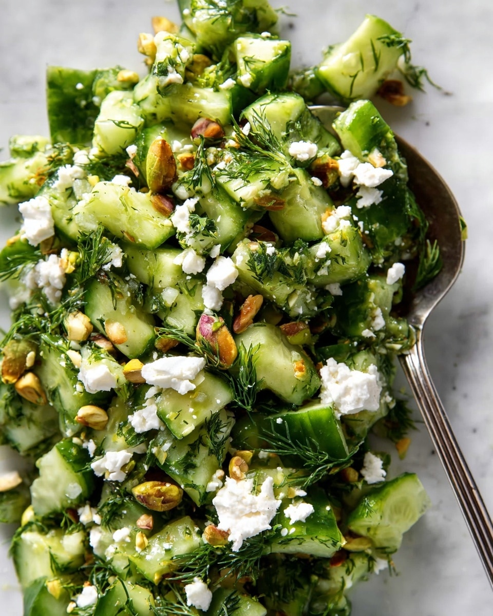 The image shows a close-up of a cucumber salad with several layers: the main layer consists of chopped cucumber pieces in different shades of green, mixed with chopped fresh dill and finely sliced green herbs. Scattered on top are small pieces of white crumbled cheese, adding a soft texture and contrast to the green. There are also toasted pistachios or nuts, golden brown in color, adding a crunchy layer. A silver spoon is partially visible on the right side, resting in the salad. The entire dish sits on a white marbled surface. photo taken with an iphone --ar 4:5 --v 7