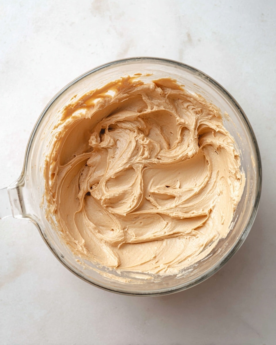 A clear glass bowl filled with a thick, creamy mixture of light brown color sits on a white marbled surface. The mixture has a smooth texture with soft peaks and swirls showing where a spoon or spatula has just mixed it. The bowl’s handle is visible on the left side. The lighting highlights the fluffy and rich consistency of the mixture, making it look very soft and fresh. photo taken with an iphone --ar 4:5 --v 7