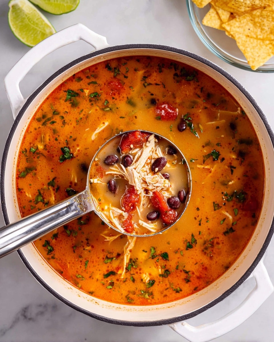 A white pot filled with orange-red soup, with visible pieces of shredded chicken, black beans, and small red tomato chunks, all mixed in a smooth liquid broth. The soup is sprinkled with small bright green herb pieces floating on top. A metal ladle is in the pot, lifting a portion with chicken, beans, tomatoes, and herbs clearly visible. The pot is on a white marbled surface, with lime halves nearby and a clear bowl of light yellow tortilla chips at the side. Photo taken with an iphone --ar 4:5 --v 7