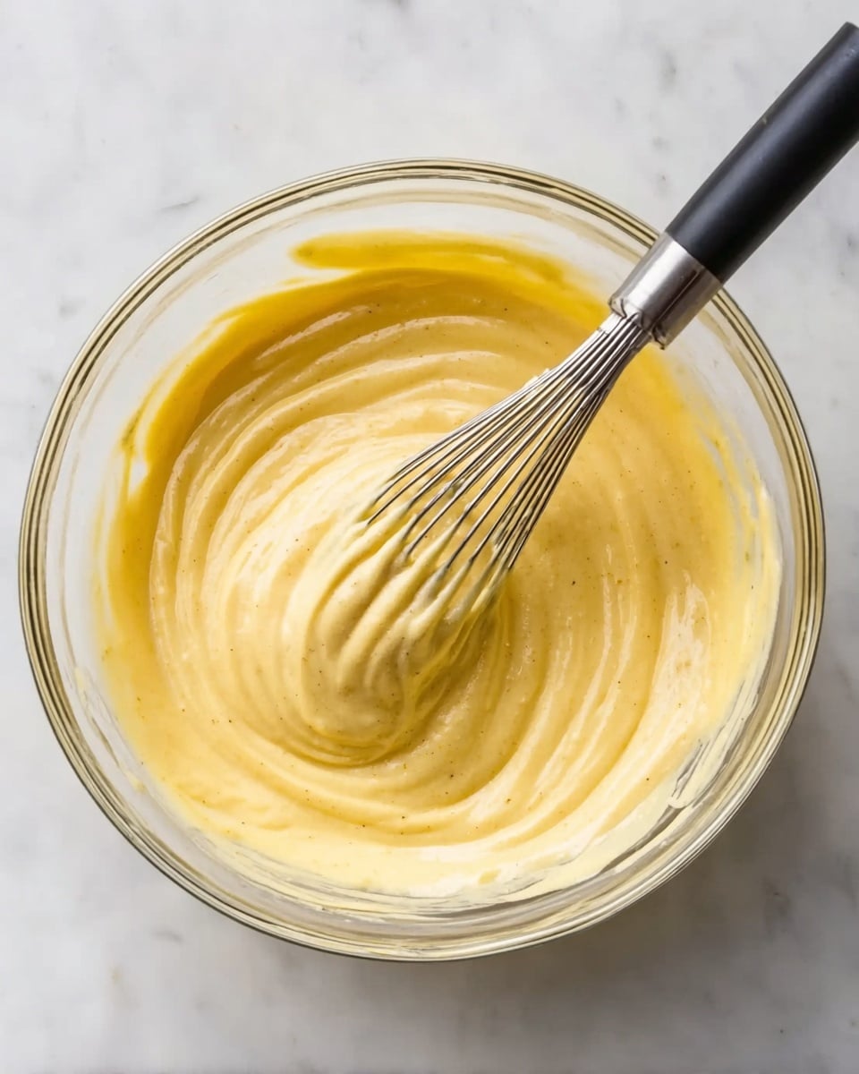 A clear glass bowl sits on a white marbled surface, filled with a smooth, creamy yellow mixture that has a thick texture. A metal whisk with a black handle rests inside the bowl, lifting some of the mixture, showing the soft, flowing swirls and peaks of the sauce. The mixture is evenly swirling around the bowl with slight ridges shaped by the whisk. Photo taken with an iphone --ar 4:5 --v 7