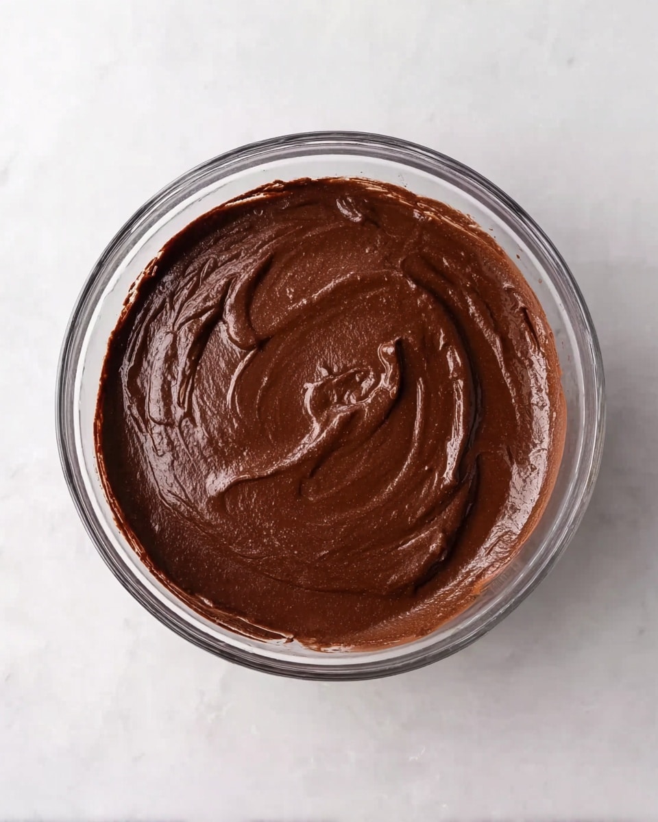 A close-up top view of a clear glass bowl filled with rich, smooth, dark brown chocolate batter. The batter has a glossy and creamy texture with slight swirls and small air bubbles on the surface, showing it has just been mixed. The bowl is placed on a white marbled textured surface, enhancing the dark color of the chocolate batter inside. photo taken with an iphone --ar 4:5 --v 7