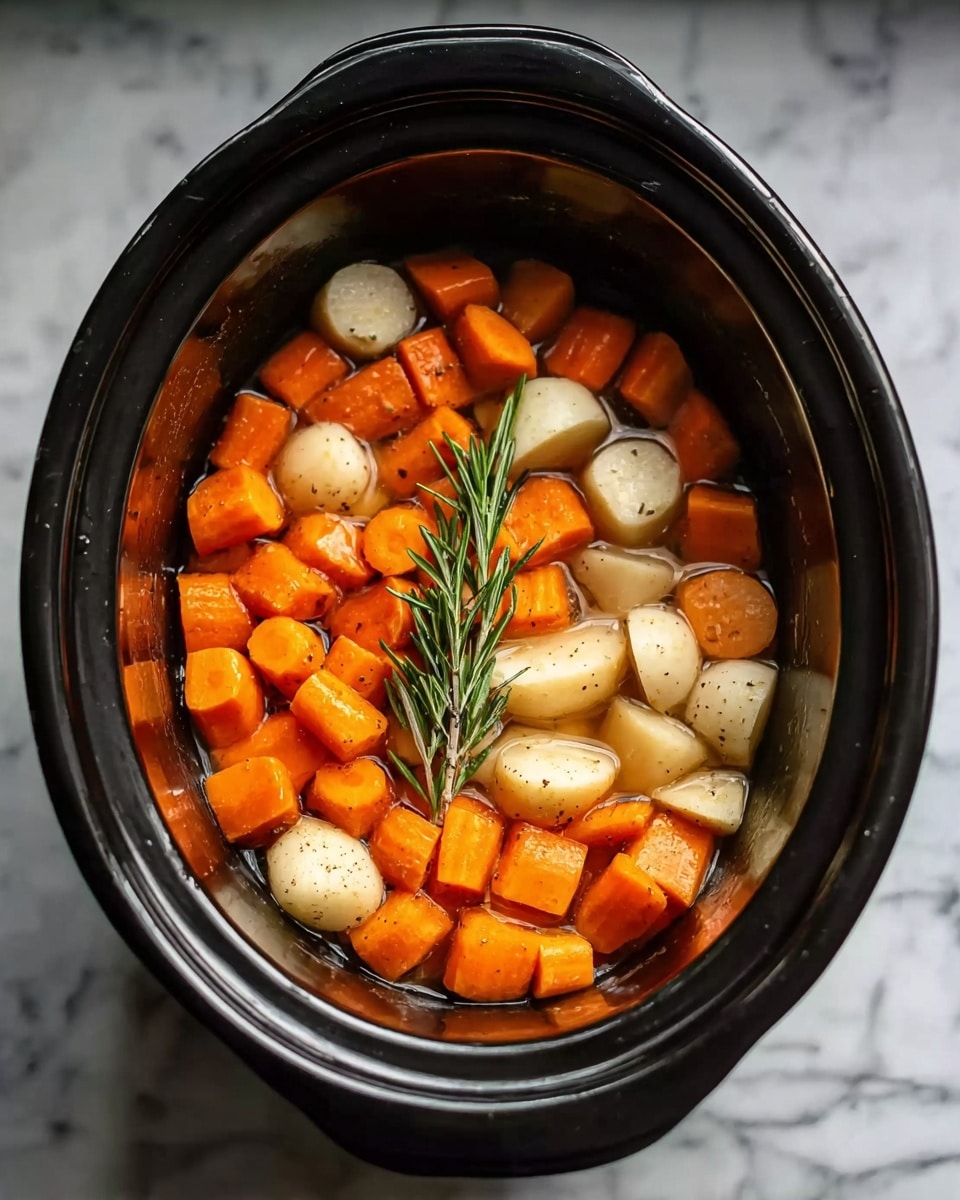 A black slow cooker pot sits on a white marbled surface, filled with two main layers of vegetables. The bottom layer consists of evenly distributed chunks of orange carrots and small pieces of pale beige parsnips. The top layer has whole small white root vegetables and more chunks of orange carrot, with a single sprig of green rosemary placed in the center for garnish. The vegetables appear lightly seasoned, with a subtle shine from cooking juices. The image is taken from directly above, showing the round shape of the pot and the mix of earthy colors inside. photo taken with an iphone --ar 4:5 --v 7