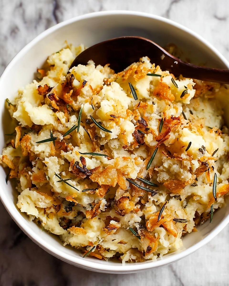 The image shows a white bowl filled with a chunky mashed potato dish mixed with golden crispy bits and thin sprigs of fresh rosemary scattered throughout. The mashed potato has a creamy and slightly crumbly texture with some browned pieces adding a contrast in color. A dark wooden spoon rests inside the bowl, partly buried in the mixture. The bowl is placed on a white marbled surface. photo taken with an iphone --ar 4:5 --v 7