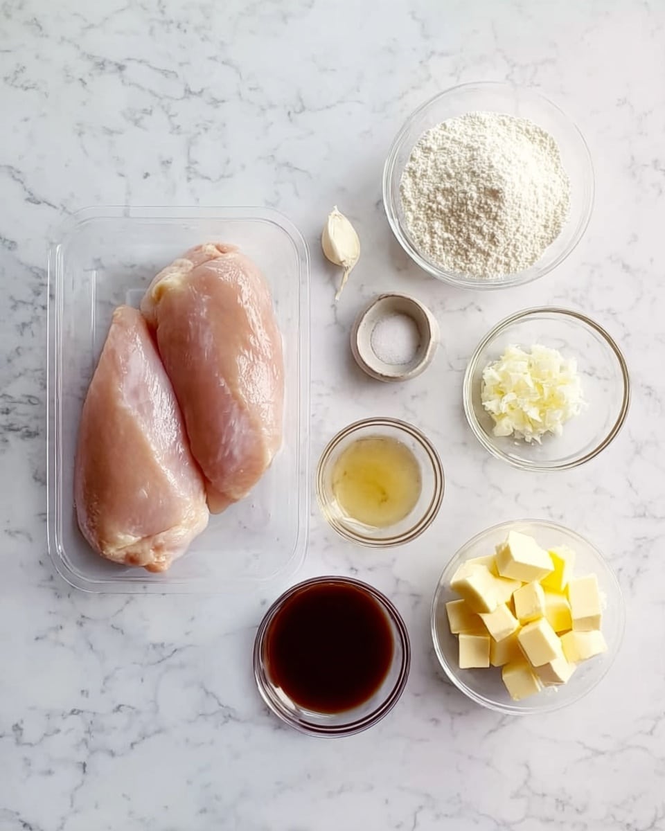 The image shows a white marbled surface with various cooking ingredients neatly placed. There is a clear plastic tray holding two raw chicken breasts on the left. To the right are six small bowls and cups: one with white flour, one with chopped garlic, one with a clear liquid, one with a dark soy sauce, one with a reddish brown sauce, and one with small cubes of yellow butter. The arrangement is simple and clean, with the items spread out evenly. Photo taken with an iphone --ar 4:5 --v 7
