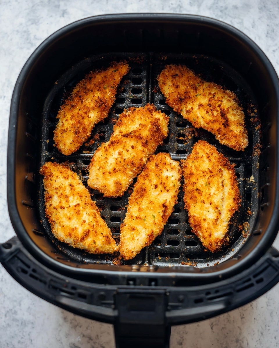 Inside a black air fryer basket with holes, there are six breaded, golden brown chicken strips arranged loosely in two rows. The chicken strips have a crispy, textured coating with small darker spots showing a well-cooked crust. The air fryer basket is open, and the surface below is a white marbled texture. The lighting highlights the crunchy texture of the breading. photo taken with an iphone --ar 4:5 --v 7
