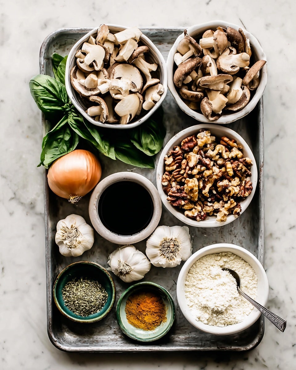 The image shows a metal tray on a white marbled surface holding six white bowls and some fresh green basil leaves. Two large white bowls at the top left and top right are filled with folded brown mushrooms in light and dark beige shades. Below, a smaller white bowl is full of mixed nuts with shiny dark brown almonds and lighter walnut pieces. To its right is a white bowl packed with white flour. At the bottom left is a white bowl with black liquid, next to two garlic cloves and a small silver spoon filled with dried green herbs. Finally, a small green bowl holds mixed herbs and orange spices, and a round onion with light brown skin sits beside the top left bowl. Photo taken with an iphone --ar 4:5 --v 7