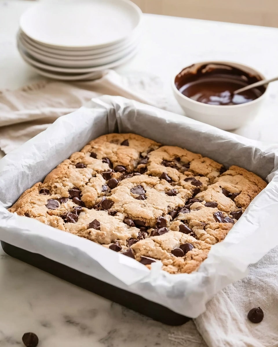 A close-up view of a square baking pan filled with a freshly baked golden brown cookie bar that has visible dark chocolate chunks unevenly spread throughout the thick dough. The pan is lined with white parchment paper that folds over the edges. In the background, there is a small white bowl filled with melted chocolate, a stack of white plates, and a white cloth, all set on a white marbled surface. The overall scene is warm and inviting with natural daylight. photo taken with an iphone --ar 4:5 --v 7