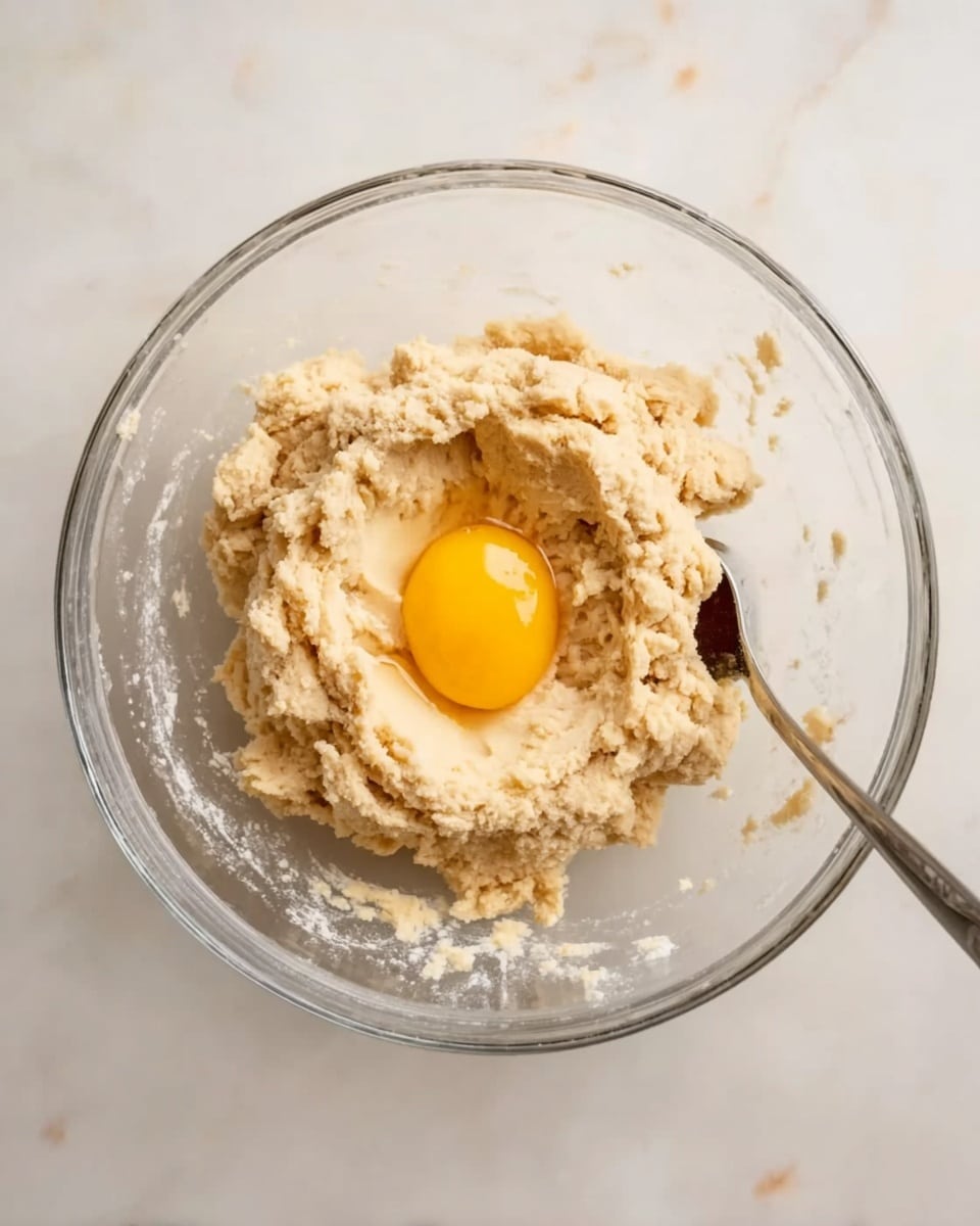A clear glass mixing bowl sits on a white marbled surface, holding a mixture of beige dough with a rough texture arranged in a round shape. In the center of the dough, there is a bright yellow egg yolk resting on top, unbroken and smooth. The bowl's transparent sides reveal a bit of the dough pressed against them, and a metal measuring spoon is partially visible on the side of the surface. photo taken with an iphone --ar 4:5 --v 7