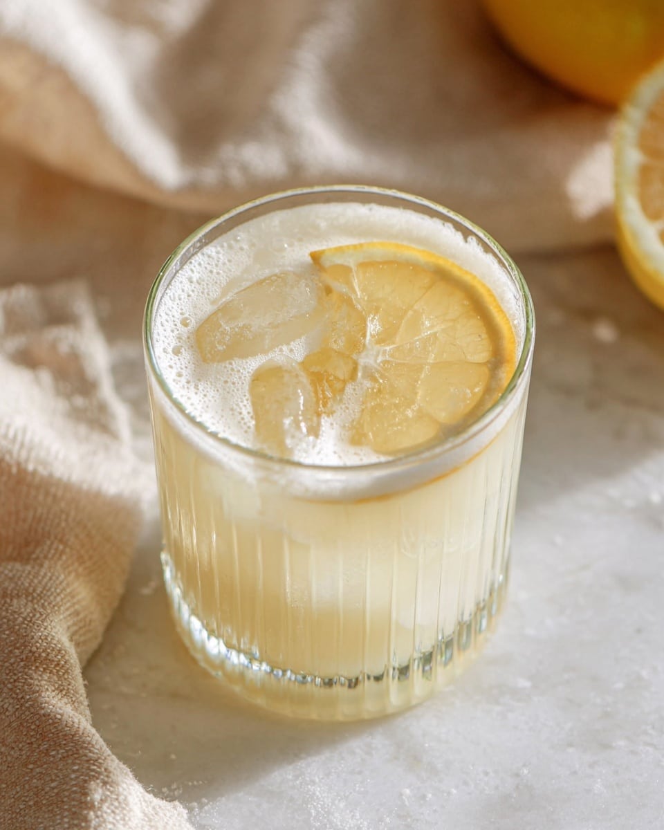 A short clear glass with soft vertical lines holds a creamy pale yellow drink filled with several ice cubes. Floating on top is a thin slice of lemon with a bright yellow rind and light yellow flesh, surrounded by small bubbles and froth. The glass is set on a white marbled surface, with a blurred lemon and a light beige cloth visible in the background. The lighting is soft and natural, highlighting the cool and refreshing look of the drink. photo taken with an iphone --ar 4:5 --v 7