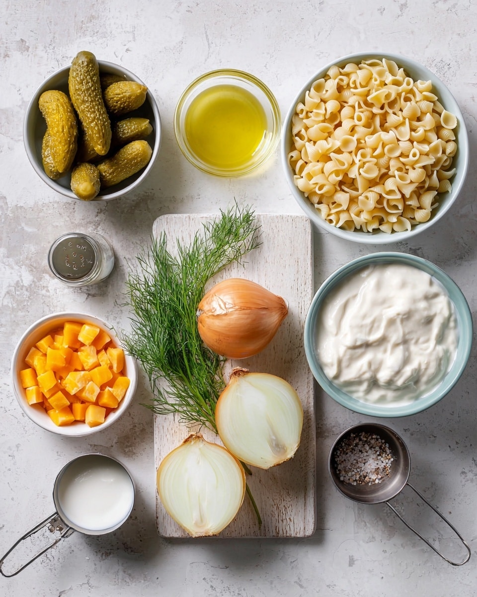 The image shows ingredients neatly arranged on a white marbled surface. There is a white bowl filled with small shell pasta to the right and a light blue bowl above it holding white creamy yogurt. Below the blue bowl, there is a small clear glass container with a yellow liquid. In the center is a light wooden cutting board with two fresh dill sprigs, a whole yellow onion and a half onion showing white layers inside. To the left, a white bowl contains whole pickles. Next to it, a metal measuring cup holds small orange cheese cubes, and below it another metal measuring cup contains a thick white creamy substance. A small white cup with salt and pepper is placed beside the cutting board. Photo taken with an iphone --ar 4:5 --v 7