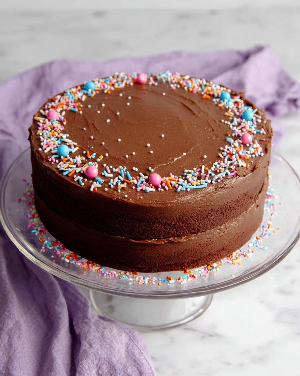 A two-layer round chocolate cake covered evenly in smooth, rich brown chocolate frosting stands on a clear glass plate placed on a white marbled surface. The top layer has a circle of colorful sprinkles along the edge, including small white, pink, blue, and orange rod-shaped sprinkles and larger round candies in pink, blue, and white. A purple cloth is loosely placed behind the cake, adding a soft contrast to the setup. The overall look is simple but cheerful and inviting. photo taken with an iphone --ar 4:5 --v 7