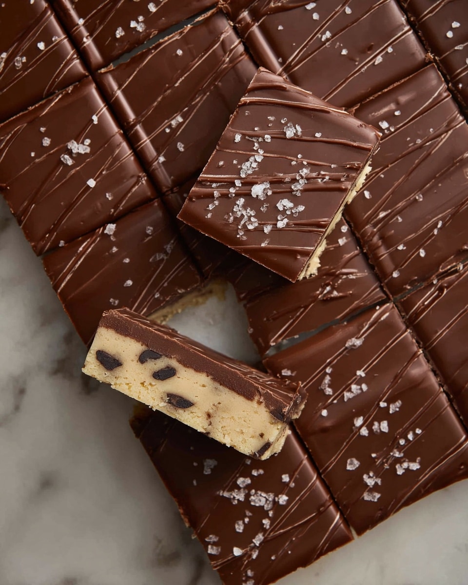 The image shows a large chocolate bar with a smooth dark brown top layer decorated with irregular drizzle lines in the same chocolate, giving it a slightly textured look. One square piece of the bar is raised above the rest, showing a shiny surface and some small salt flakes on top. The missing square in the chocolate bar reveals two distinct layers: the top thin dark chocolate layer and a thicker, lighter cream-colored base with small dark chocolate chips mixed inside. The entire chocolate bar rests on a white marbled surface. photo taken with an iphone --ar 4:5 --v 7