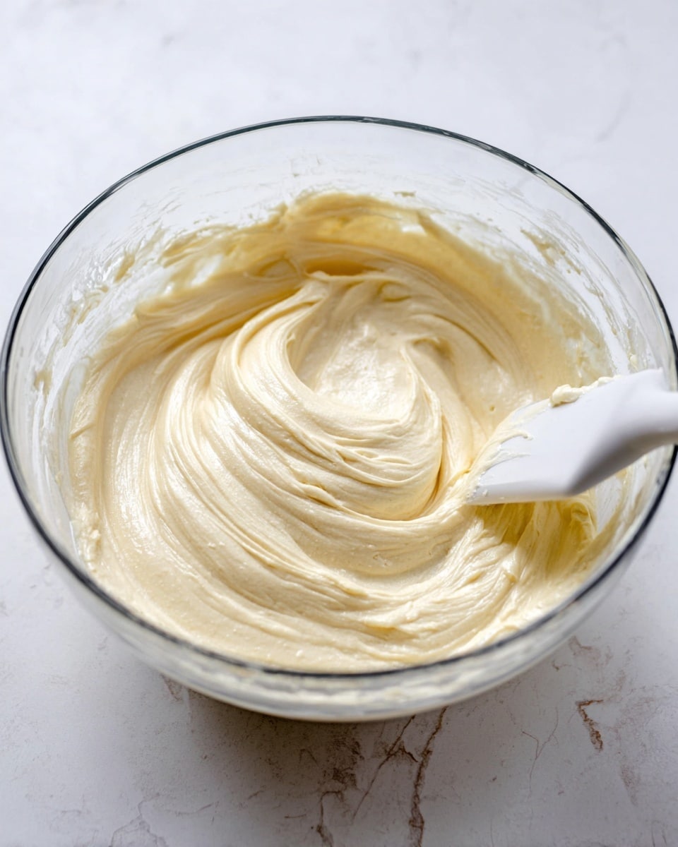 A clear glass bowl filled with smooth, light cream-colored batter that looks soft and thick. The batter has gentle swirls made by a white spatula partially dipped into it on the right side, showing a shiny, creamy texture. The background is a white marbled surface, creating a clean and bright setting. photo taken with an iphone --ar 4:5 --v 7