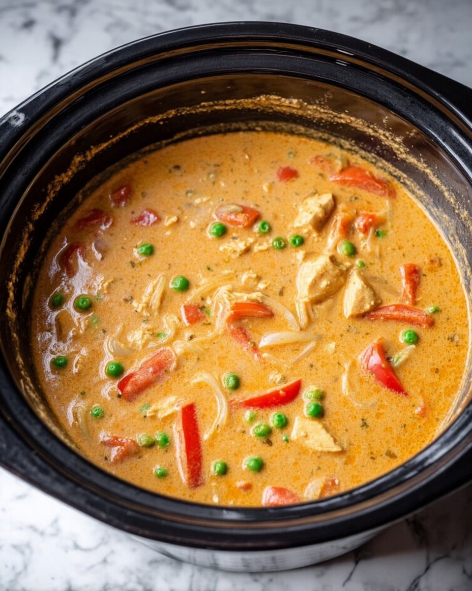 The image shows a black slow cooker filled with a creamy orange curry soup. The soup has small green peas scattered throughout, light beige pieces of chicken, thin slices of onion, and chunks of red bell pepper. The curry liquid looks smooth with a slight oily sheen on the surface, and the pot sits on a white marbled surface. photo taken with an iphone --ar 4:5 --v 7