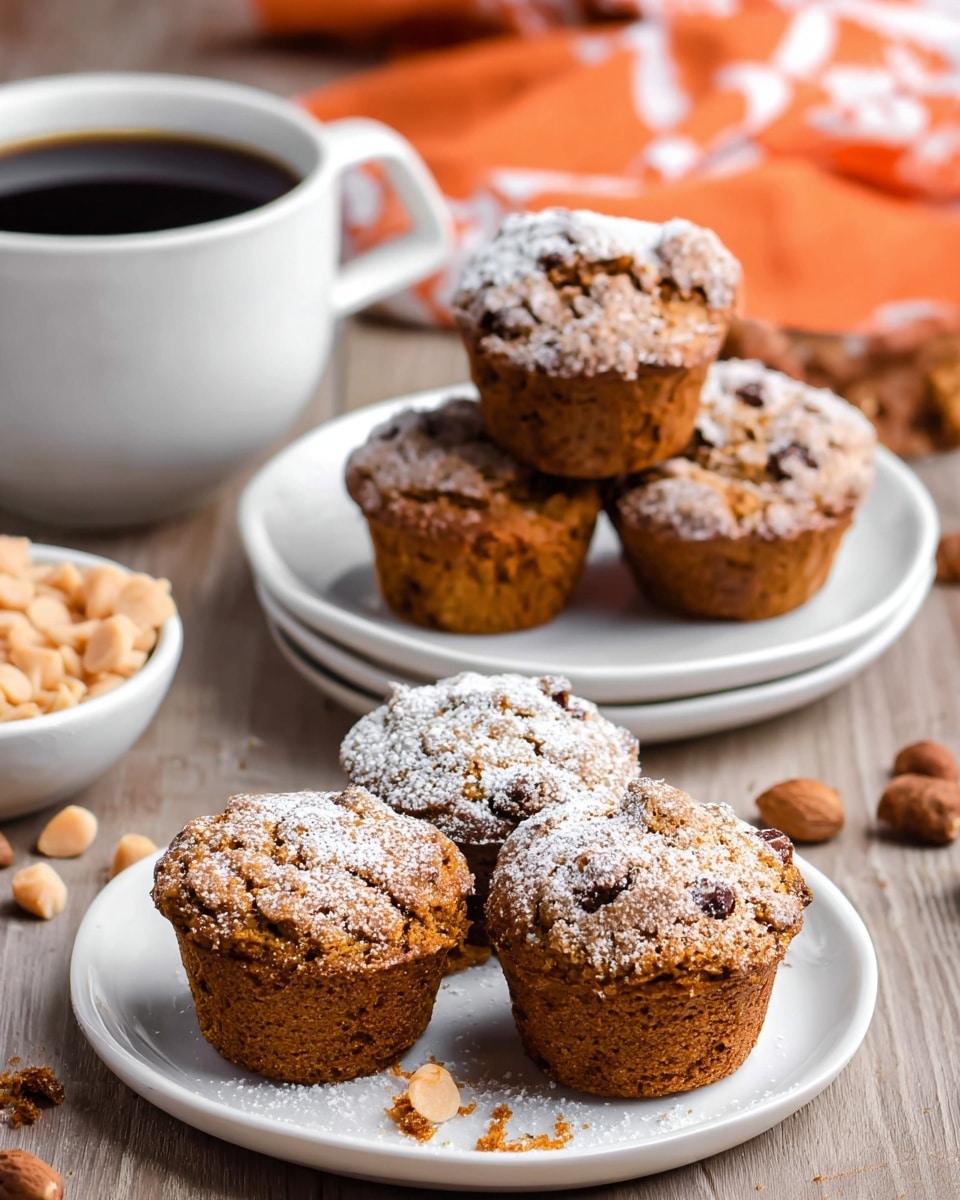 Three small brown muffins with visible chunks inside sit on a white plate, dusted with a light layer of powdered sugar. Behind them, another white plate holds four similar muffins stacked irregularly, showing a rough, textured top. To the left, a white cup filled with black coffee contrasts with the muffins. Scattered around the plates on a wooden surface are broken muffin pieces and light brown chips. In the corner, part of an orange and white kitchen cloth adds a splash of color. The photo is taken with an iphone --ar 4:5 --v 7