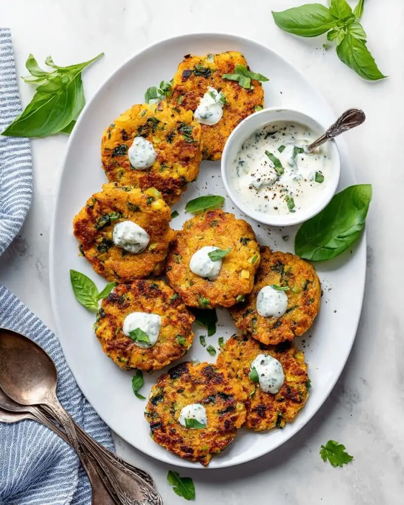 Vegetable Chickpea Fritters with Lemon Herb Yogurt Sauce Recipe