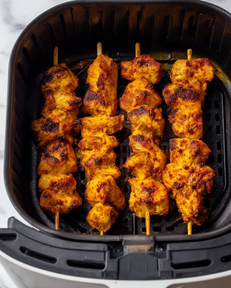 Three skewers of grilled chicken pieces with a golden-brown, slightly crispy texture are placed side by side inside a black air fryer basket. The chicken pieces have a rich orange color with some darker charred spots, showing they are well cooked. The basket’s ridged surface and the outer edges of the air fryer are visible, set against a white marbled background. photo taken with an iphone --ar 4:5 --v 7