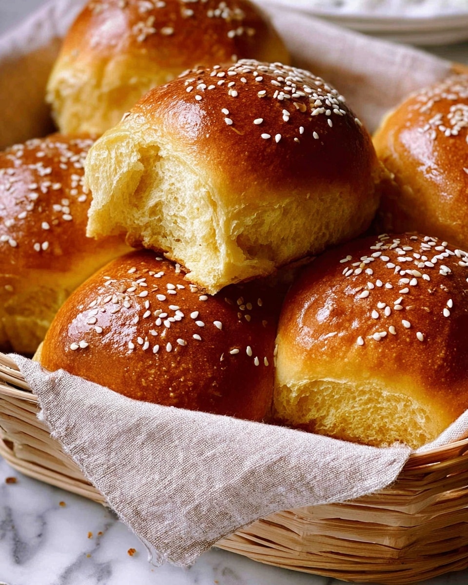 A close-up view of a basket filled with six soft dinner rolls that have a shiny, deep golden-brown top sprinkled with white sesame seeds. The rolls have a fluffy, light yellow inside visible where one roll is slightly pulled apart. The basket is woven light brown wood and lined with a beige cloth. The background shows a white marbled surface with soft, natural light highlighting the warm colors of the bread. photo taken with an iphone --ar 4:5 --v 7