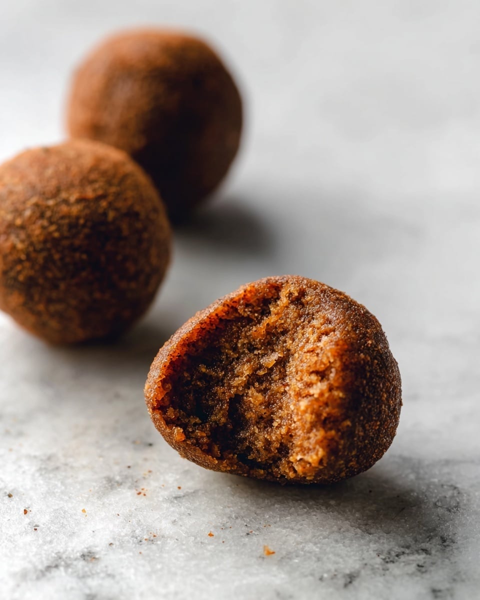 The image shows three round brown balls with a rough texture placed on a white marbled surface. One ball is in the front and has a bite taken out of it, showing a dense, crumbly inside with a slightly darker brown color. The other two balls are whole and positioned behind the bitten one, out of focus. The lighting highlights the texture and color contrast between the outside and the inside of the balls. Photo taken with an iphone --ar 4:5 --v 7