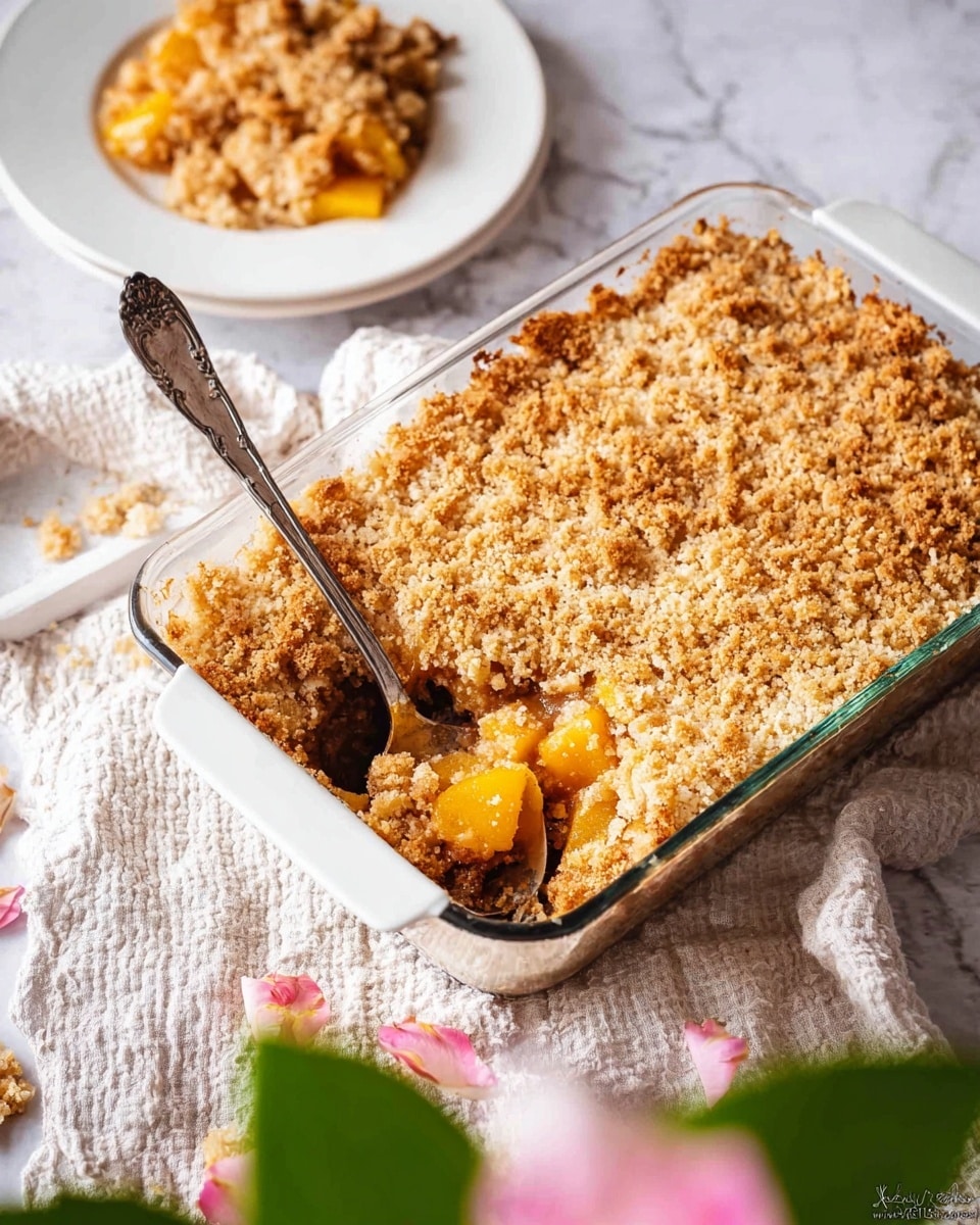 The image shows a white, rectangular glass baking dish filled with a golden brown crumble dessert that has a crumbly, textured top layer. A silver spoon rests inside the dish where a portion of the crumble has been removed, revealing a moist, chunky fruit filling underneath with pieces of yellow-orange cooked fruit. Near the top left, a white plate holds a serving of the crumble, showing the contrast between the crunchy topping and soft fruit. The dish is placed on a white marbled surface with a light, textured cloth around it. Some green leaves and pink flower petals are visible in the blurred foreground. Photo taken with an iphone --ar 4:5 --v 7