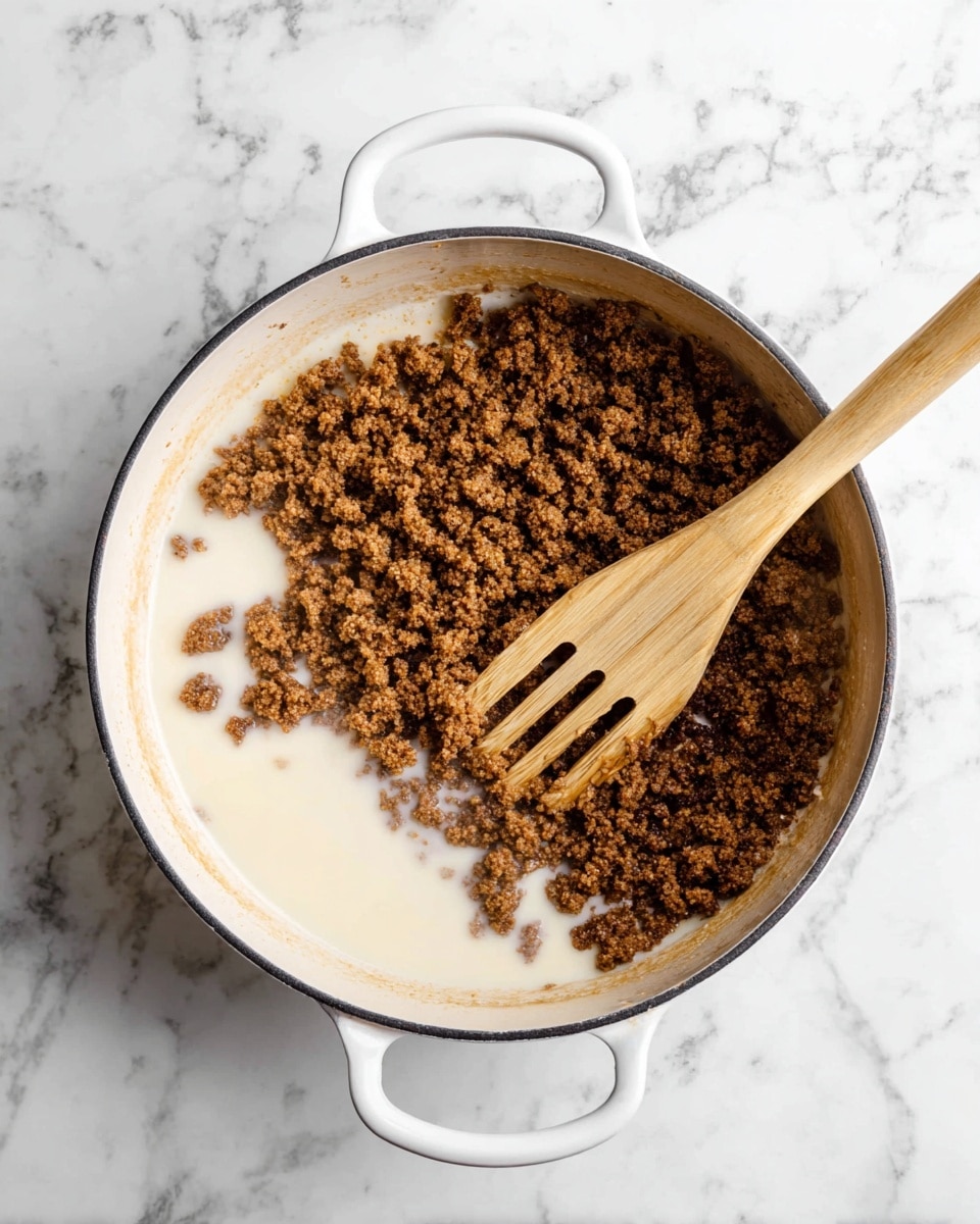 A white pot with a black rim contains a mix of light and dark brown cooked crumbles spread mostly on one side, with a pool of pale creamy liquid on the other side. A wooden spatula with slits rests diagonally inside the pot, partially covered by the brown crumbles. The pot sits on a white marbled surface with gray veins. photo taken with an iphone --ar 4:5 --v 7