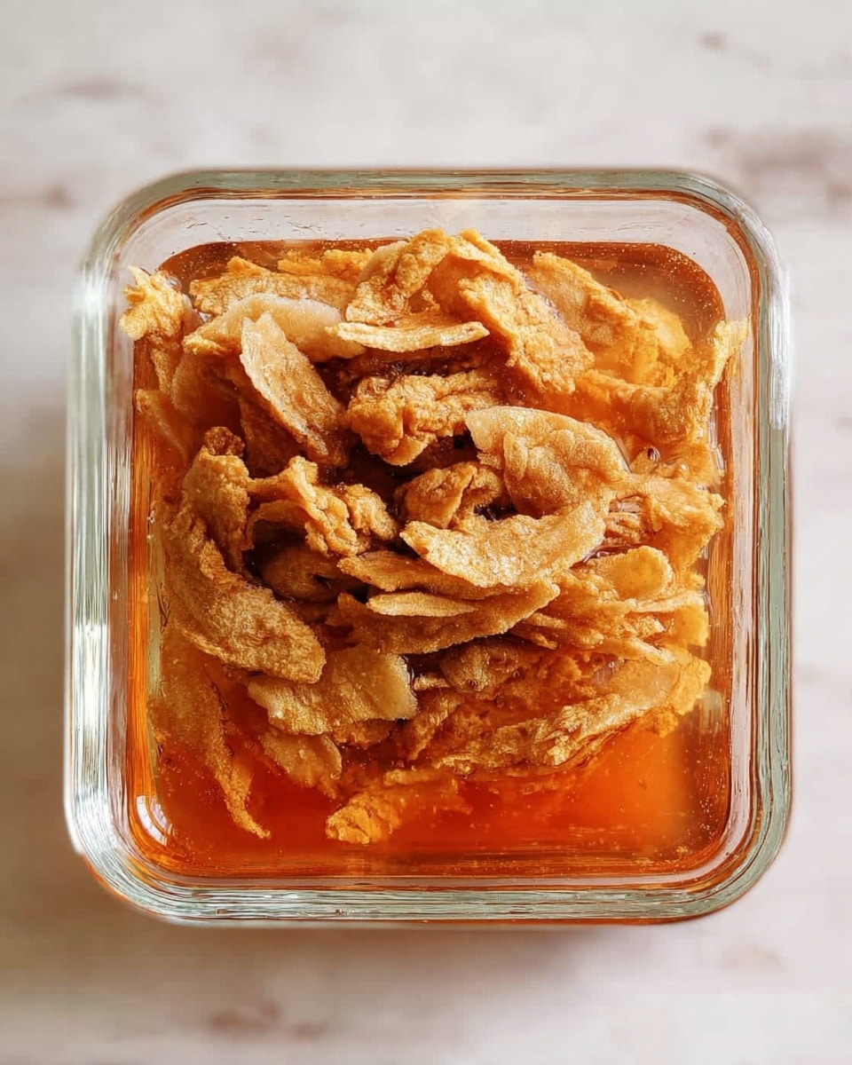 The image shows a square clear glass container filled with layered strips of light brown textured food soaked in a reddish-orange liquid. The pieces are unevenly shaped and stacked loosely, covering the bottom and rising in soft curls and folds. The background is a white marbled surface that brightens the colors and contrasts with the warm tones of the food and liquid. photo taken with an iphone --ar 4:5 --v 7