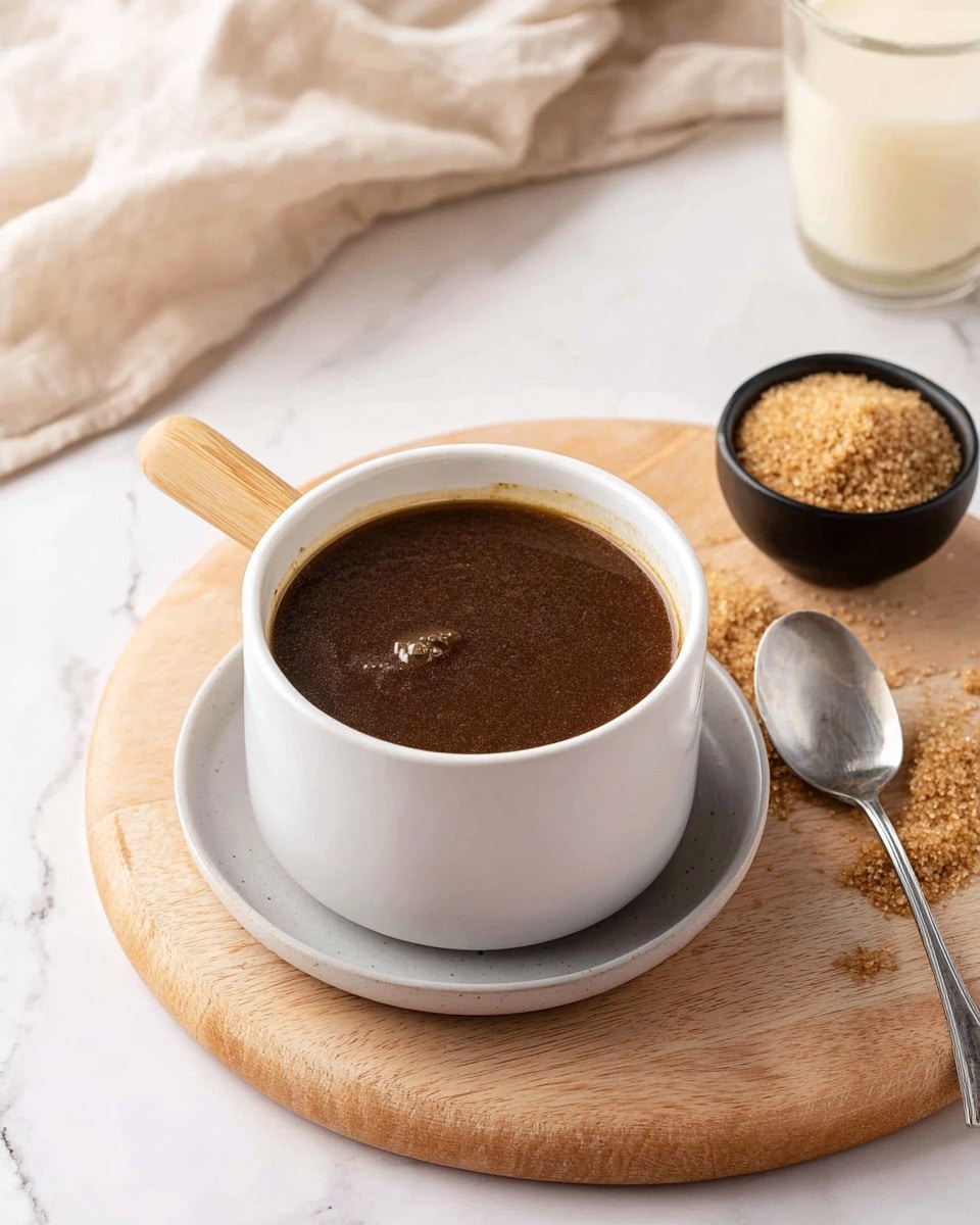 A white small pot with a light wood handle sits on a light gray small plate, both placed on a round light wood board. Inside the pot is a dark brown, smooth sauce with a slight shine and a small bubble in the center. To the right, there is a metal spoon resting on the board. In the background, a small black bowl holds brown sugar, with some sugar spilled on the white marbled surface. A clear glass filled with light cream-colored liquid is also visible in the background. A beige cloth is softly folded in the upper left corner. Photo taken with an iphone --ar 4:5 --v 7