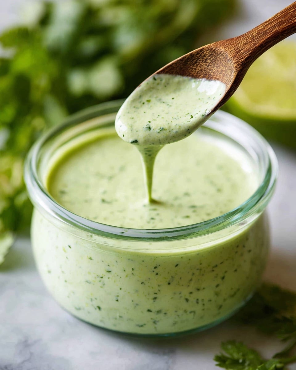 A clear glass bowl filled with creamy, light green sauce with tiny dark green specks, showing a smooth and thick texture. A rustic wooden spoon with some sauce dripping from it is lifted above the bowl, coated evenly with the sauce. Fresh green herbs and a halved lime are blurred in the background against a white marbled surface. photo taken with an iphone --ar 4:5 --v 7