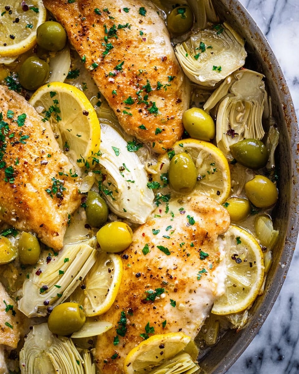 The image shows a close-up of a cooked dish with two golden brown pieces of chicken placed in the center on a pan. Around the chicken are sliced green olives, quartered artichoke hearts, and thin lemon wedges adding yellow and green colors. The chicken has a slightly crispy texture with small green herbs sprinkled on top, while the olives look shiny and moist. The artichoke hearts appear soft and tender, mixed with herbs and small black pepper specks. The background surface is a white marbled texture. photo taken with an iphone --ar 4:5 --v 7
