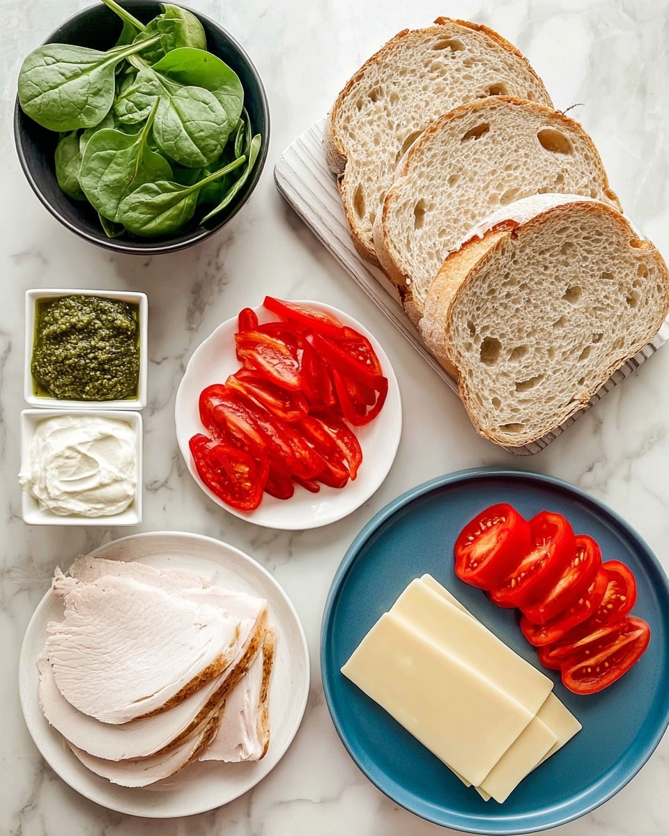 The image shows ingredients for a sandwich arranged neatly on a white marbled surface. There are four slices of light brown crusty bread placed on the top right corner. Below them, on a blue round plate, are three slices of pale yellow cheese stacked slightly overlapping. To the left, on a white round plate, two large light beige turkey slices sit flat. Above that are small white square dishes with green pesto, white creamy spread, and bright red roasted pepper strips. At the top left, a small black bowl is filled with fresh dark green spinach leaves. In the center, a small white round plate holds five bright red tomato slices stacked evenly. photo taken with an iphone --ar 4:5 --v 7