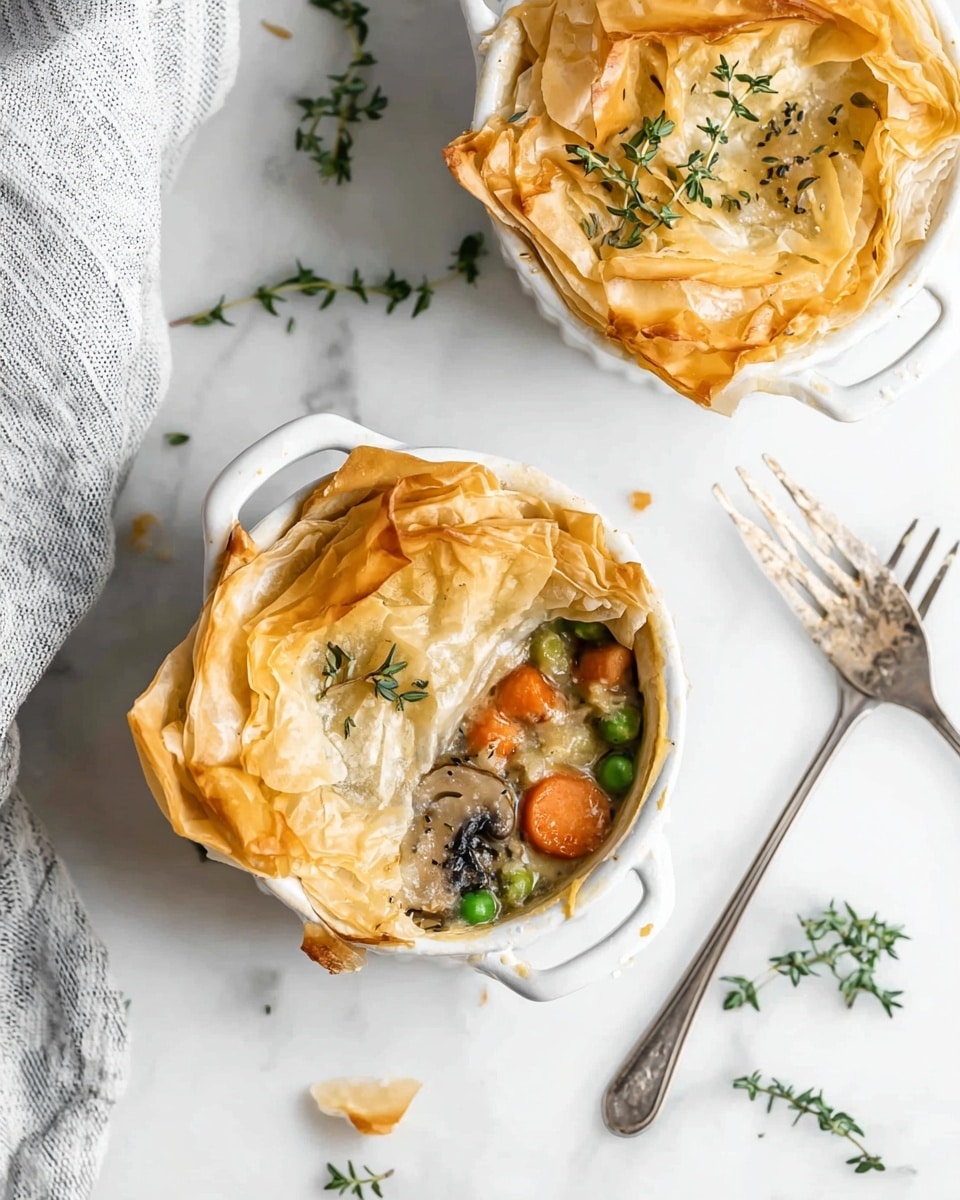 Two small white ramekins hold vegetable pot pie with golden-brown, flaky phyllo dough crusts, layered with thin crispy sheets that puff up on top. One ramekin is open, showing colorful layers of orange carrot slices, green peas, and small mushrooms in a creamy sauce. Fresh green thyme sprigs are placed on top and scattered around the white marbled surface. A silver fork lies next to the open ramekin, and a gray and white striped cloth is partially visible on the left side. The scene is bright and clean. photo taken with an iphone --ar 4:5 --v 7