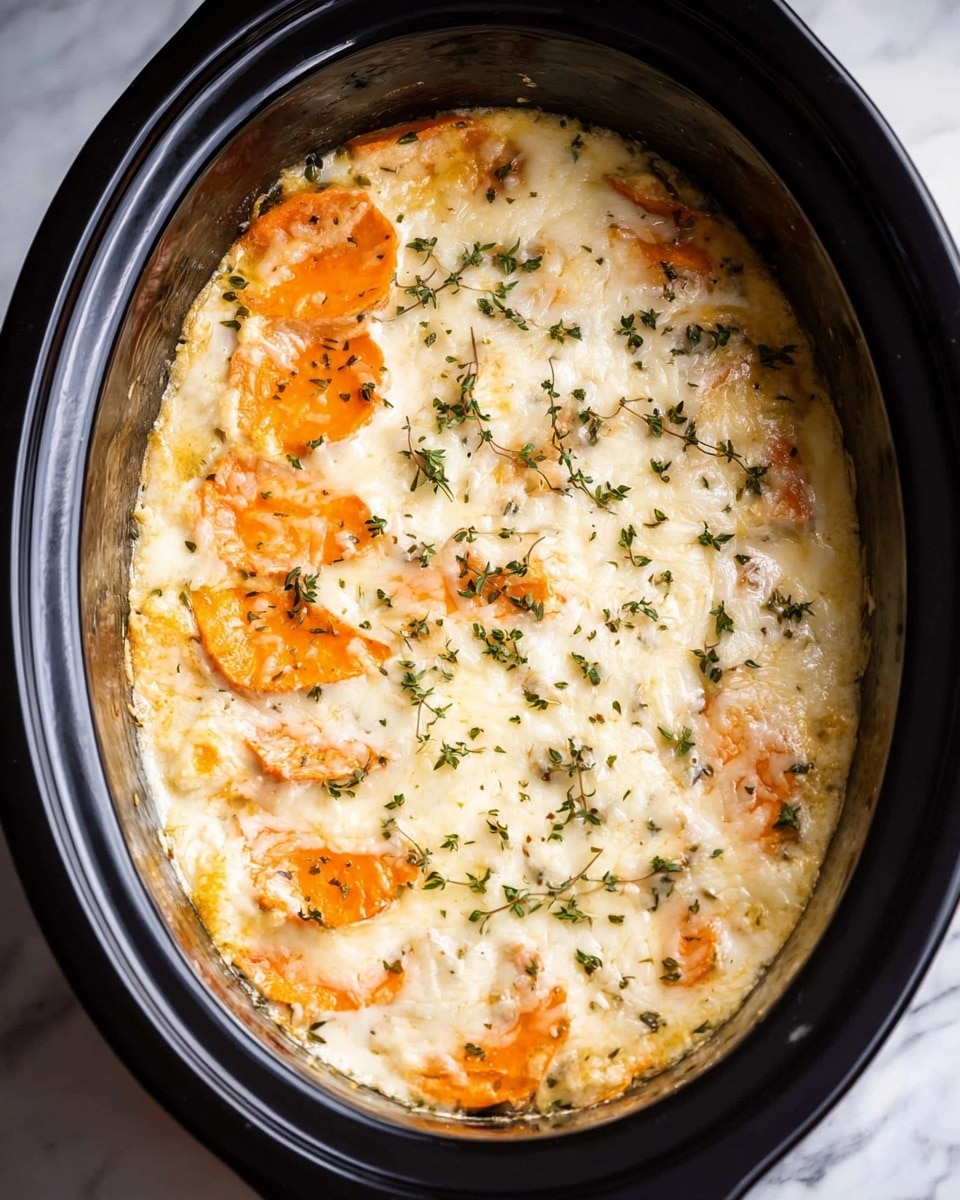 A slow cooker filled with a creamy, baked casserole shows a top layer of melted white cheese sprinkled with small green herb leaves. Below the cheese, orange slices of cooked sweet potato are visible, partly covered in a smooth, light cream sauce. The dish has a soft and slightly bubbly texture, edges darkened by baking. The slow cooker has a black interior and sits on a white marbled surface. Photo taken with an iphone --ar 4:5 --v 7