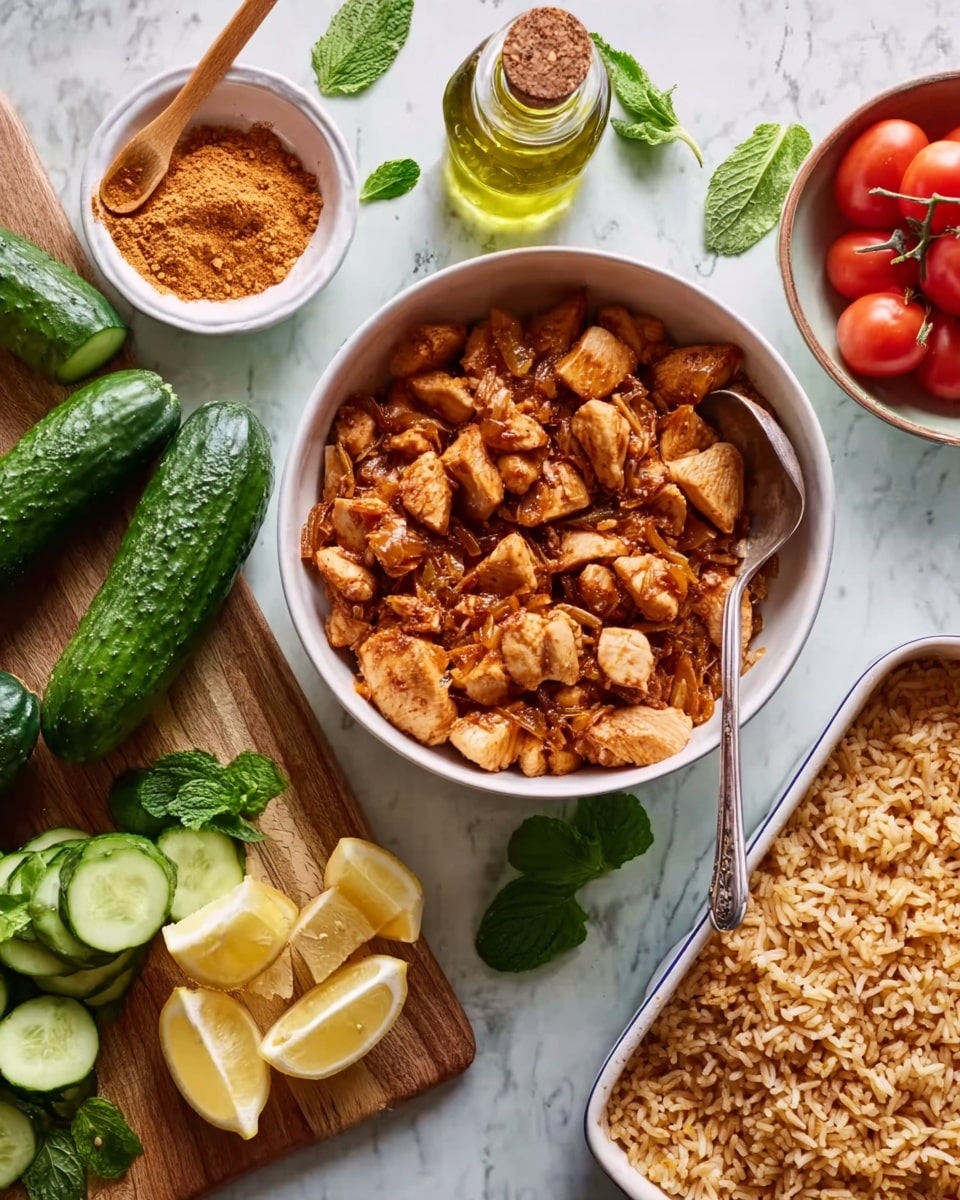 The image shows a white bowl at the center filled with small chunks of cooked chicken mixed with reddish-brown spices and sauce, and a silver spoon placed inside the bowl. On the bottom right side, there is a white baking dish filled with golden brown cooked rice. On the left side, a wooden cutting board holds whole green cucumbers with some sliced round cucumber pieces and fresh green mint leaves. At the top left, there is a small white bowl containing a powdery orange-brown spice with a wooden spoon on top, next to a small glass bottle of oil. On the top right, a white bowl of cherry tomatoes is partially visible, and below it, another white bowl contains cut lemon slices. The entire setting is on a white marbled surface. Photo taken with an iphone --ar 4:5 --v 7