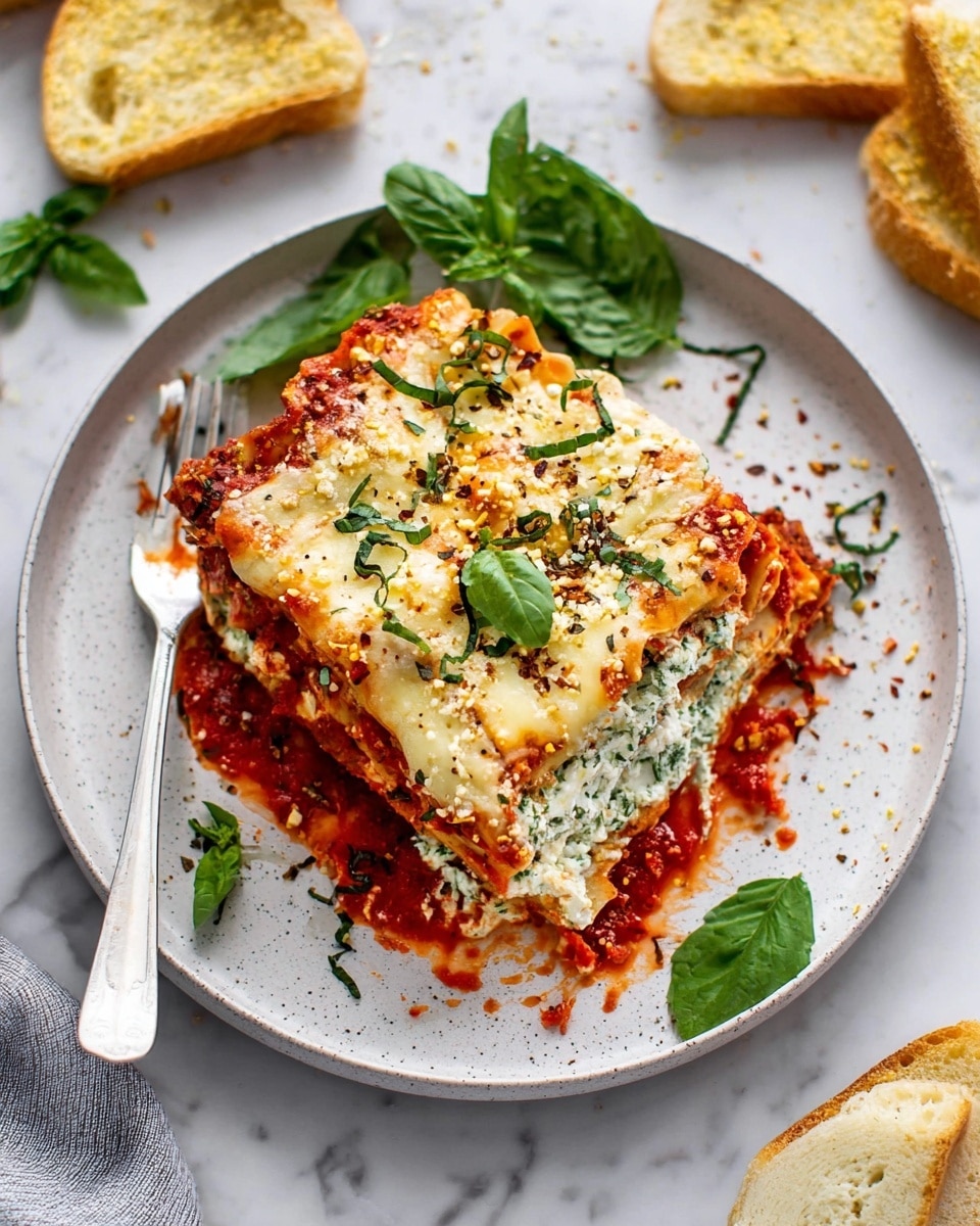 The image shows a three-layered lasagna piece on a white plate with light speckles. The bottom layer is red tomato sauce spread unevenly with some sauce spilling on the plate. The middle layer is a white creamy cheese mixed with green herbs, visible from the sides. The top layer is melted pale yellow cheese sprinkled with small green herb pieces and red chili flakes. Fresh dark green basil leaves sit on top and around the lasagna. A silver fork with a white handle is stuck into the food from the top left. Around the plate, there are pieces of toasted bread and more basil leaves on a white marbled surface. photo taken with an iphone --ar 4:5 --v 7