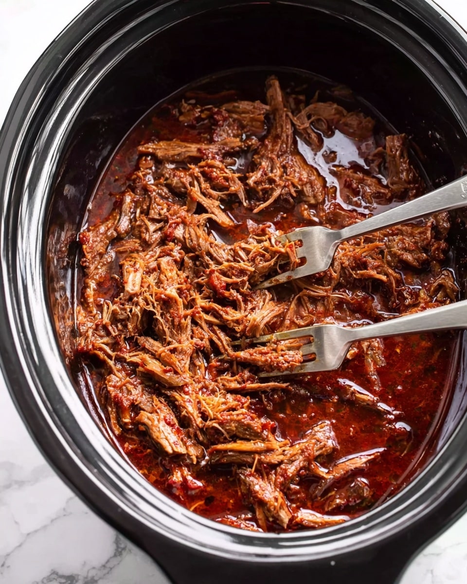 The image shows a slow cooker filled with shredded meat in a thick, dark red sauce. The meat looks soft and moist with strands mixed with a shiny oily layer spreading across the top. Two silver forks are stuck into the meat, placed side by side near the middle of the cooker. The cooker itself is black and round, contrasting with the rich, deep red of the sauce and the brown meat. The background is a white marbled texture. photo taken with an iphone --ar 4:5 --v 7