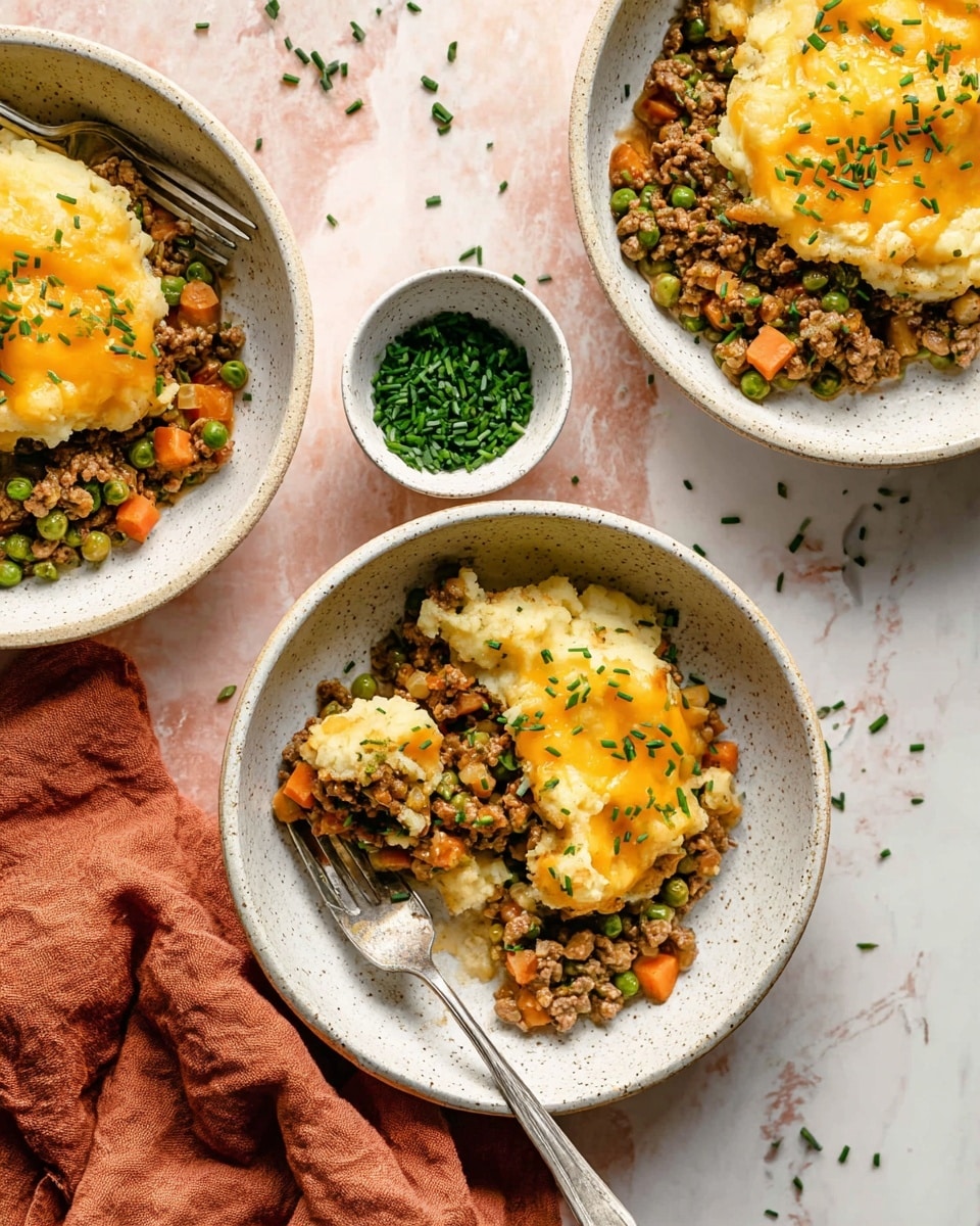 The image shows three white speckled bowls on a white marbled surface, each filled with a layered dish. The bottom layer is a mix of cooked ground meat with green peas and small orange carrot pieces, creating a chunky, textured base. On top, there is a thick layer of melted golden-yellow cheese partially covering creamy mashed potatoes with a smooth, slightly browned surface. Freshly chopped green chives are sprinkled over each bowl, adding fresh green specks. A small white bowl with extra chopped chives is set near the bowls, along with a silver fork, and a woman's hand holding a fork is seen digging into one bowl. A soft, rust-colored cloth rests to the side, complementing the warm tones of the food. photo taken with an iphone --ar 4:5 --v 7