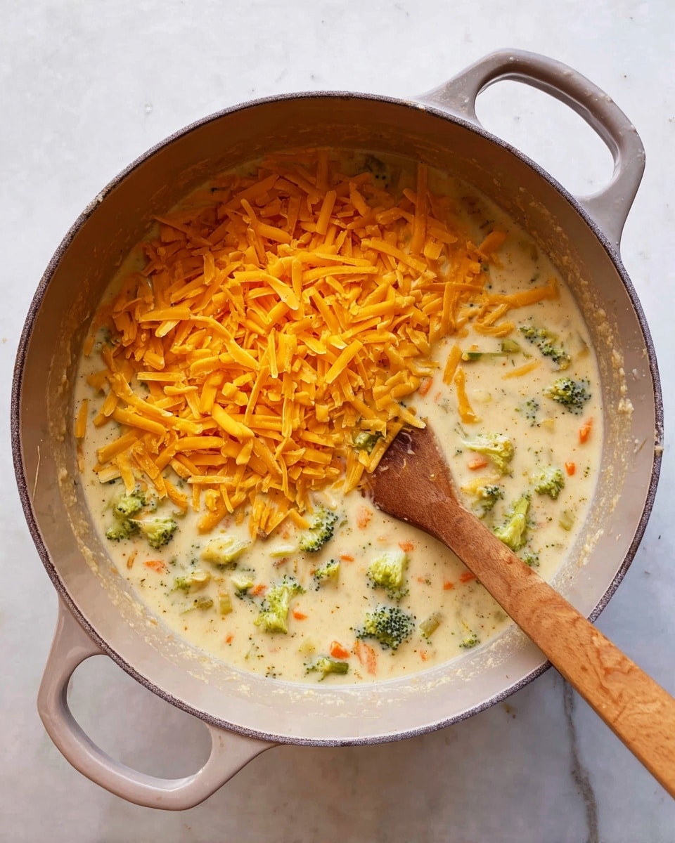 A light gray pot with pale handles holds a creamy soup with visible broccoli and carrot pieces in a white sauce base. On top, there is a large pile of shredded orange cheese covering about half of the soup’s surface. A wooden spoon rests inside the pot, partially buried in the creamy soup near the cheese area. The pot is placed on a white marbled surface. Photo taken with an iphone --ar 4:5 --v 7