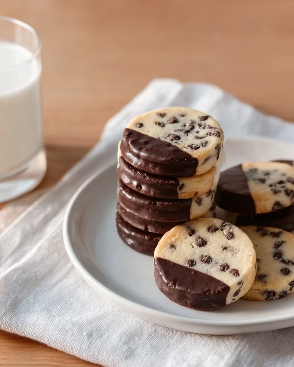 A white plate holds a stack of five round cookies, each cookie has two layers: the bottom half is a smooth, dark chocolate layer, and the top half is light beige cookie dough with visible small chocolate chips throughout. Next to the stack, two more cookies lie flat on the plate, showing the same two-layer pattern. The plate is set on a folded white cloth on a light wooden surface with a glass of milk nearby. The photo taken with an iphone --ar 4:5 --v 7