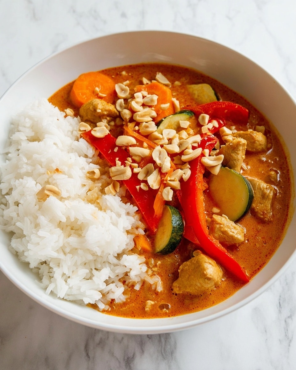 A white bowl with two main layers: on the left side, fluffy white rice with a soft texture; on the right side, a rich orange curry with pieces of light brown chicken, bright red pepper slices, thin carrot rounds, and green zucchini slices. The curry is topped with small chopped pieces of light beige nuts scattered over it. The bowl is placed on a white marbled surface. Photo taken with an iphone --ar 4:5 --v 7