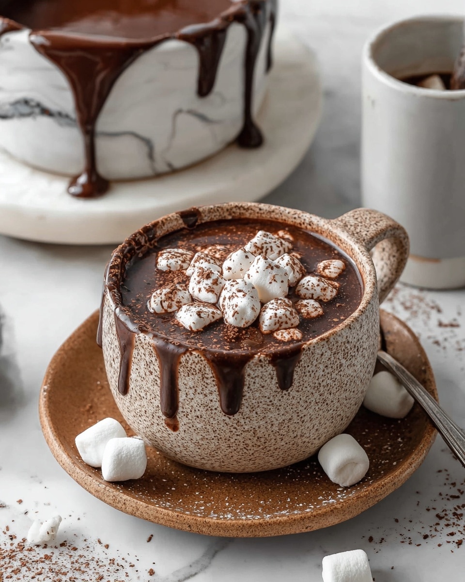 A textured brown ceramic cup filled with rich, dark chocolate drink topped with a layer of white marshmallows scattered unevenly and dusted with fine dark chocolate powder. The cup sits on a matching ceramic saucer with an earthy tone. Behind and to the left, there is a white marbled bowl with thick chocolate dripping down its side, and to the right, parts of two white ceramic cups are visible. The scene is set on a white marbled surface with a few marshmallows and chocolate powder scattered around, adding a rustic touch. photo taken with an iphone --ar 4:5 --v 7