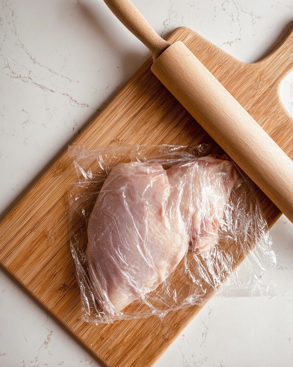 A single piece of raw pale pink chicken is placed flat on a smooth wooden cutting board. The chicken is covered with clear plastic wrap that crinkles and reflects light, creating shiny highlights. A light tan wooden rolling pin rests diagonally on the board above the chicken, with its texture visible. The cutting board is set on a white marbled surface that has soft gray veins running through it, adding subtle contrast. photo taken with an iphone --ar 4:5 --v 7