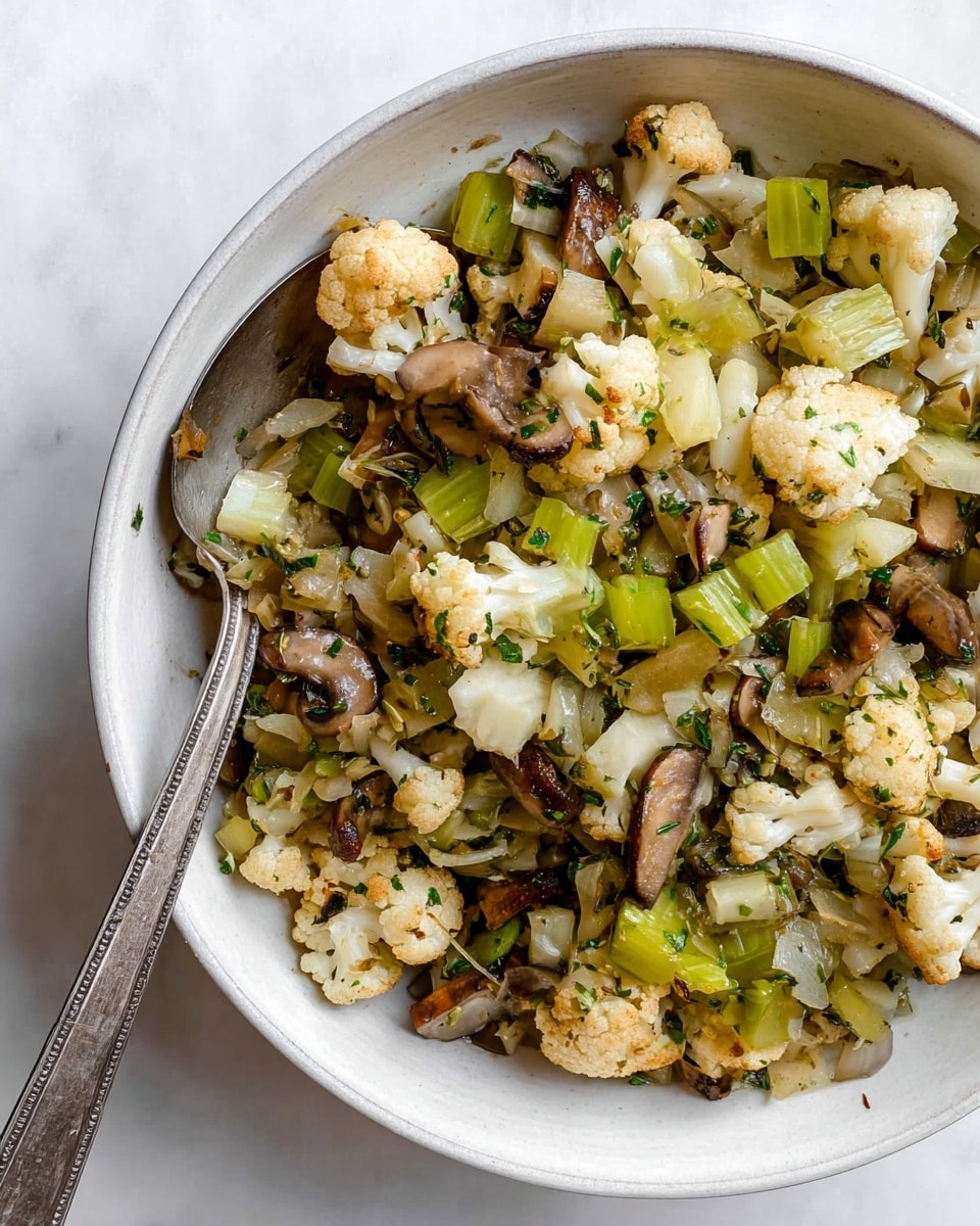 A white bowl filled with a mixture of cooked vegetables including small white cauliflower florets, light green celery pieces, chopped translucent onions, and browned mushroom slices. The vegetables have been cooked to a soft texture with some herbs sprinkled on top, giving hints of green scattered throughout. Two old silver spoons rest in the bowl, angled towards the center, partly covered by the vegetables. The bowl is placed on a white marbled surface, and the lighting showcases the natural colors and textures of the dish. photo taken with an iphone --ar 4:5 --v 7