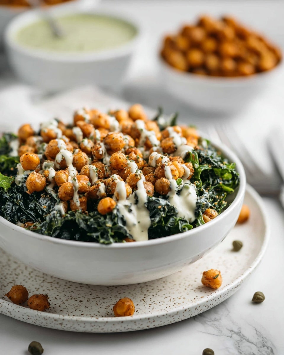 A white bowl filled with three layers: the bottom layer has dark green chopped kale with curly texture, the middle layer is golden brown roasted chickpeas scattered evenly, and the top layer is creamy sauce drizzled in thin streams over chickpeas and kale. The bowl is placed on a speckled white plate resting on a white marbled surface. More roasted chickpeas and a few small capers are visible on the plate around the bowl. In the blurry background, a white bowl with more roasted chickpeas and another white bowl with a green sauce can be seen. photo taken with an iphone --ar 4:5 --v 7