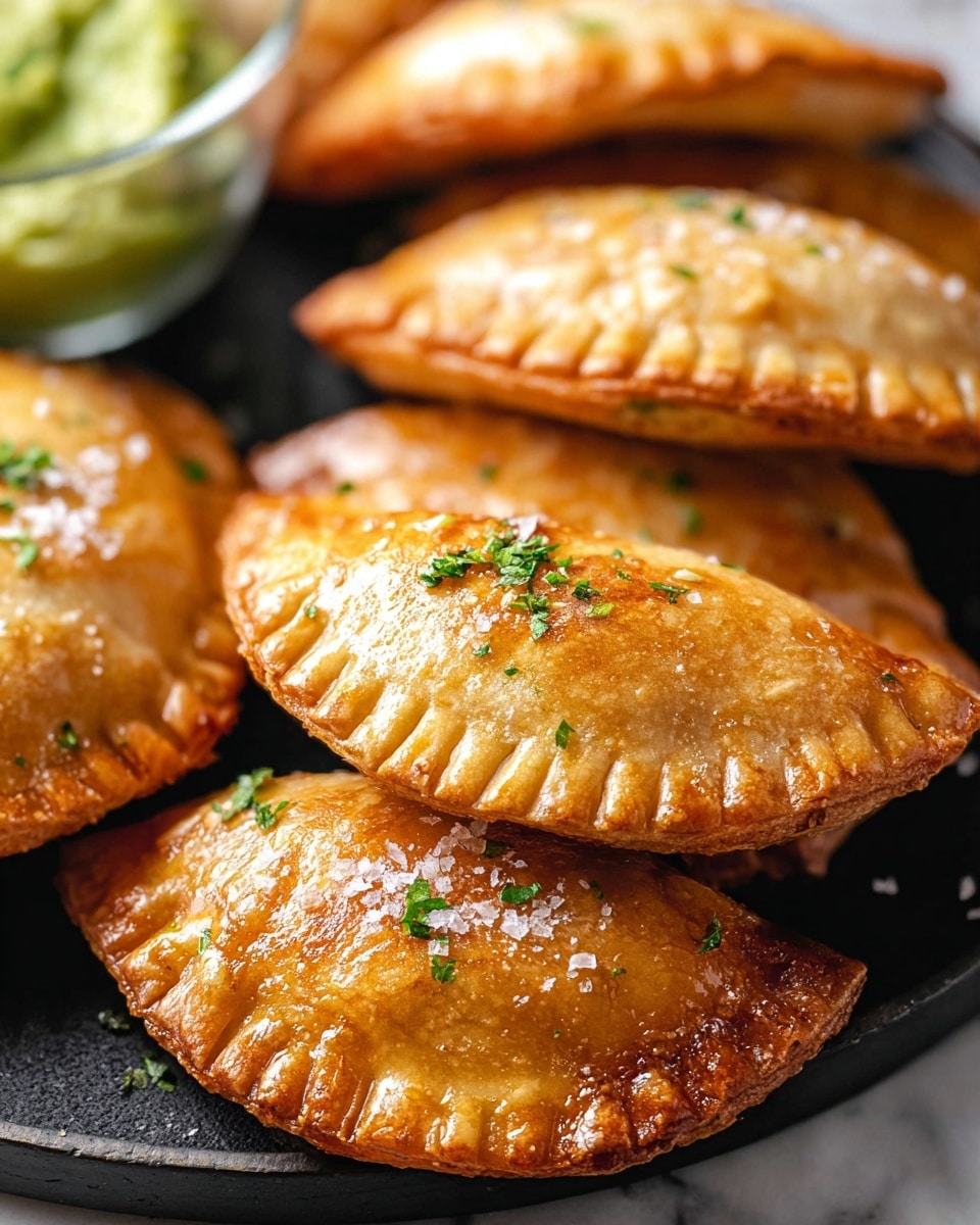 A close-up view of six golden-brown, half-moon shaped empanadas with crimped edges neatly stacked together on a dark plate sitting on a white marbled surface. The empanadas have a slightly shiny, crispy crust with sprinkled white salt flakes and small green parsley bits on top. On the left edge, there is a clear container with creamy green guacamole partially visible. The focus is sharp on the empanadas in the front while the background is softly blurred, showing the texture of the crust and details of the garnish. Photo taken with an iphone --ar 4:5 --v 7